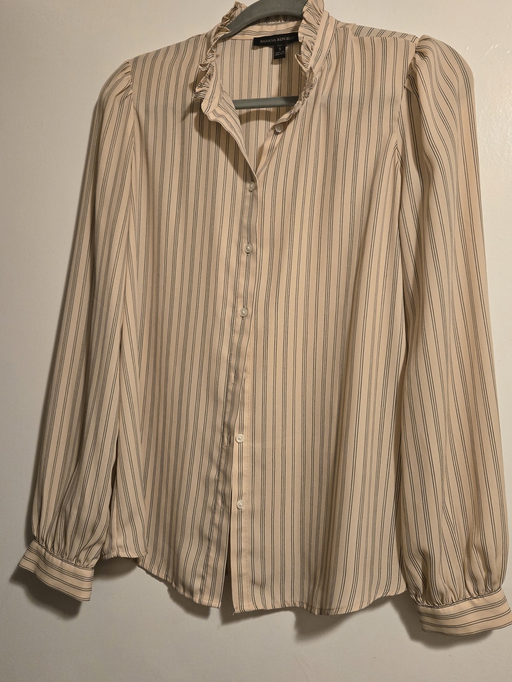 Banana Republic Blush Pink Blouse with Black Pinstripes and Ruffle Collar